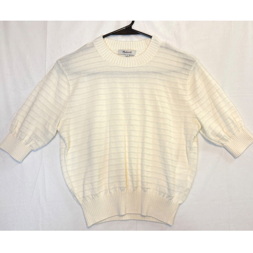 Madewell Sweater Women S Ivory Cream Short Sleeve Pointelle Stripe Knit Top NWOT - Picture 2 of 8